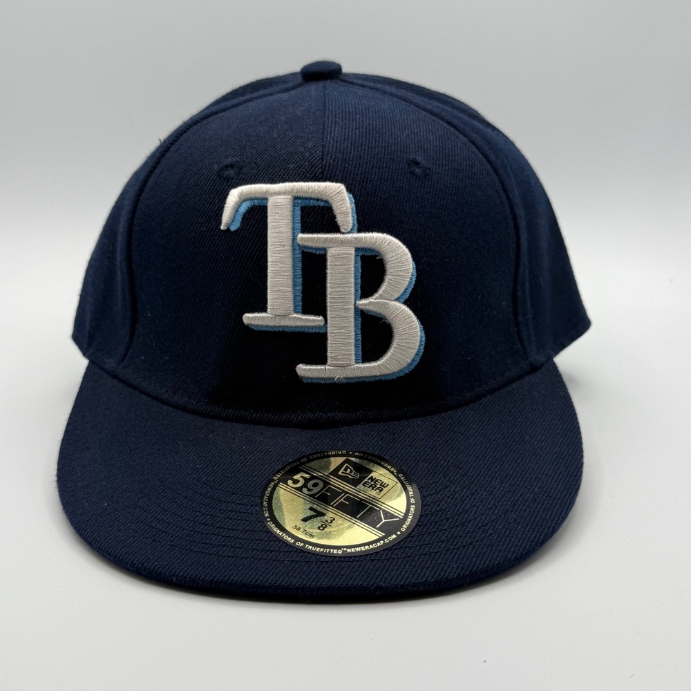 New Era Fitted Hat Mens 7 3/8 Navy Excellent Tampa Bay Rays MLB 59FIFTY Cap